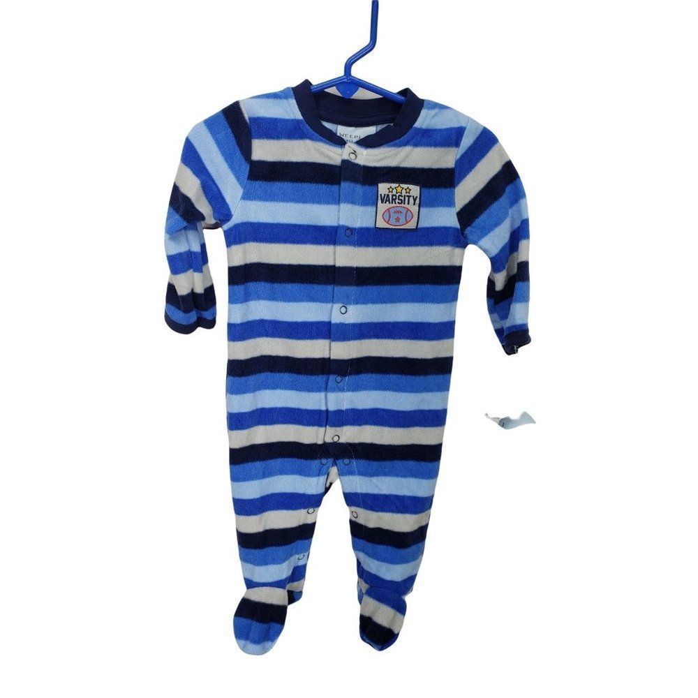 Weeplay Boys Blue Striped Fleece Footie‎ Varsity Football L06400VF 3/6M NWT